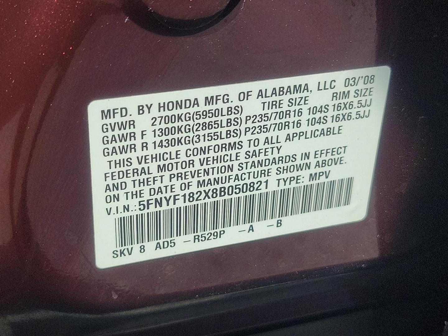 2008 Dark Cherry Pearl - RE /Gray - GR Honda Pilot VP (5FNYF182X8B) with an 3.5L SOHC MPFI 24-valve VTEC V6 engine engine, located at 50 Eastern Blvd., Essex, MD, 21221, (410) 686-3444, 39.304367, -76.484947 - Experience a superior ride with this gorgeous 2008 Honda Pilot VP, donned in a striking maroon exterior. This legendary SUV, equipped with a robust 3.5l SOHC MPFI 24-valve VTEC V6 engine, ensures a smooth yet spirited performance that Honda is renowned for. This 4WD marvel is designed for those who - Photo#22