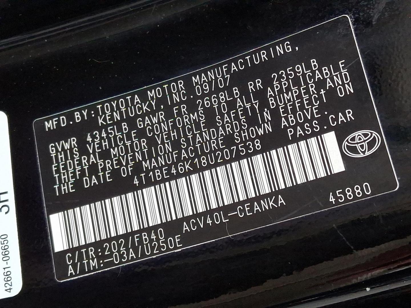 2008 Black - 202 /Bisque - 40 Toyota Camry LE (4T1BE46K18U) with an 2.4L DOHC MPFI VVT-i 16-valve 4-cyl engine engine, located at 50 Eastern Blvd., Essex, MD, 21221, (410) 686-3444, 39.304367, -76.484947 - Introducing the 2008 Toyota Camry LE, a reliable and stylish sedan that exemplifies the perfect blend of performance and comfort. Finished in a sophisticated Black exterior with a refined Bisque interior, this vehicle ensures that you travel in both elegance and convenience. Powered by a robust 2.4 - Photo#22